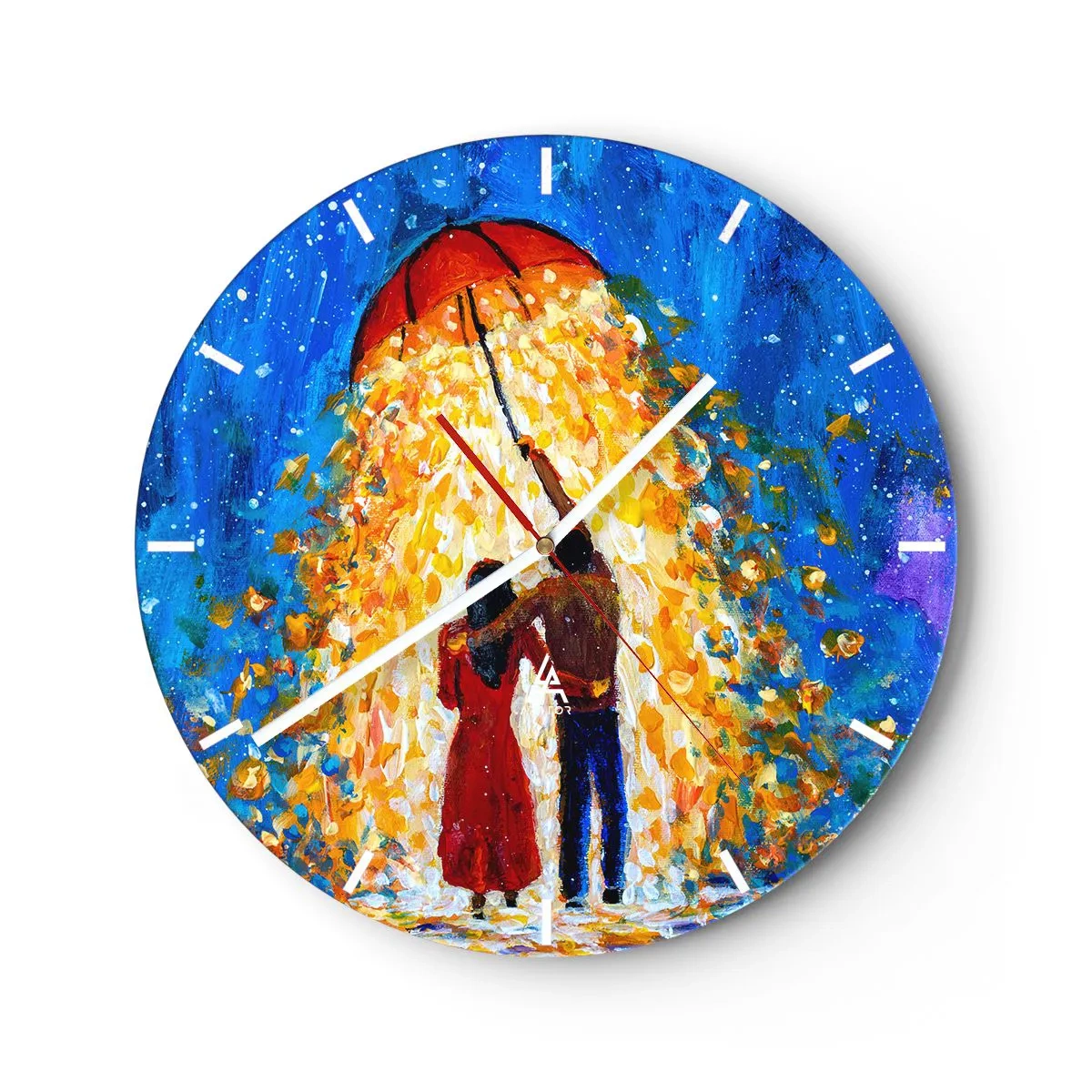 Zegar ścienny - Para pod czerwonym parasolem w świetlistym deszczu barw - 30x30cm - Magia deszczowego wieczoru? - Nowoczesna dekoracja ścienna do salonu, kuchni i sypialni ARTTOR