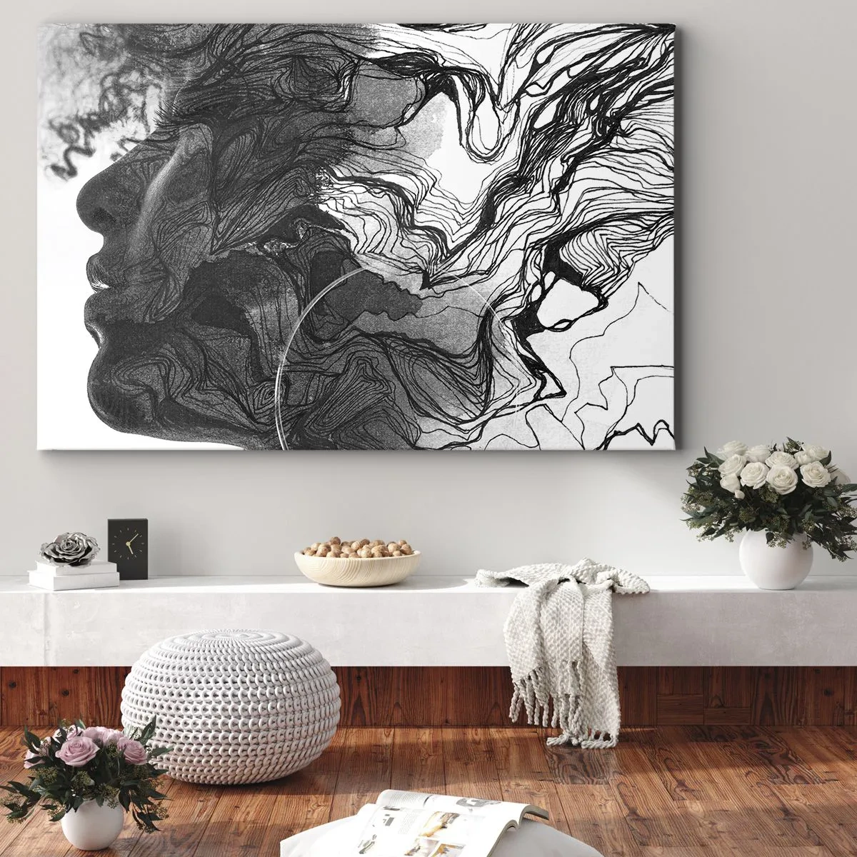 Obraz na płótnie - Abstrakcyjna twarz w czerni i bieli z dynamicznymi liniami - 100x70cm - Zaplątana w marzeniach - Nowoczesna dekoracja ścienna do salonu, kuchni i sypialni ARTTOR