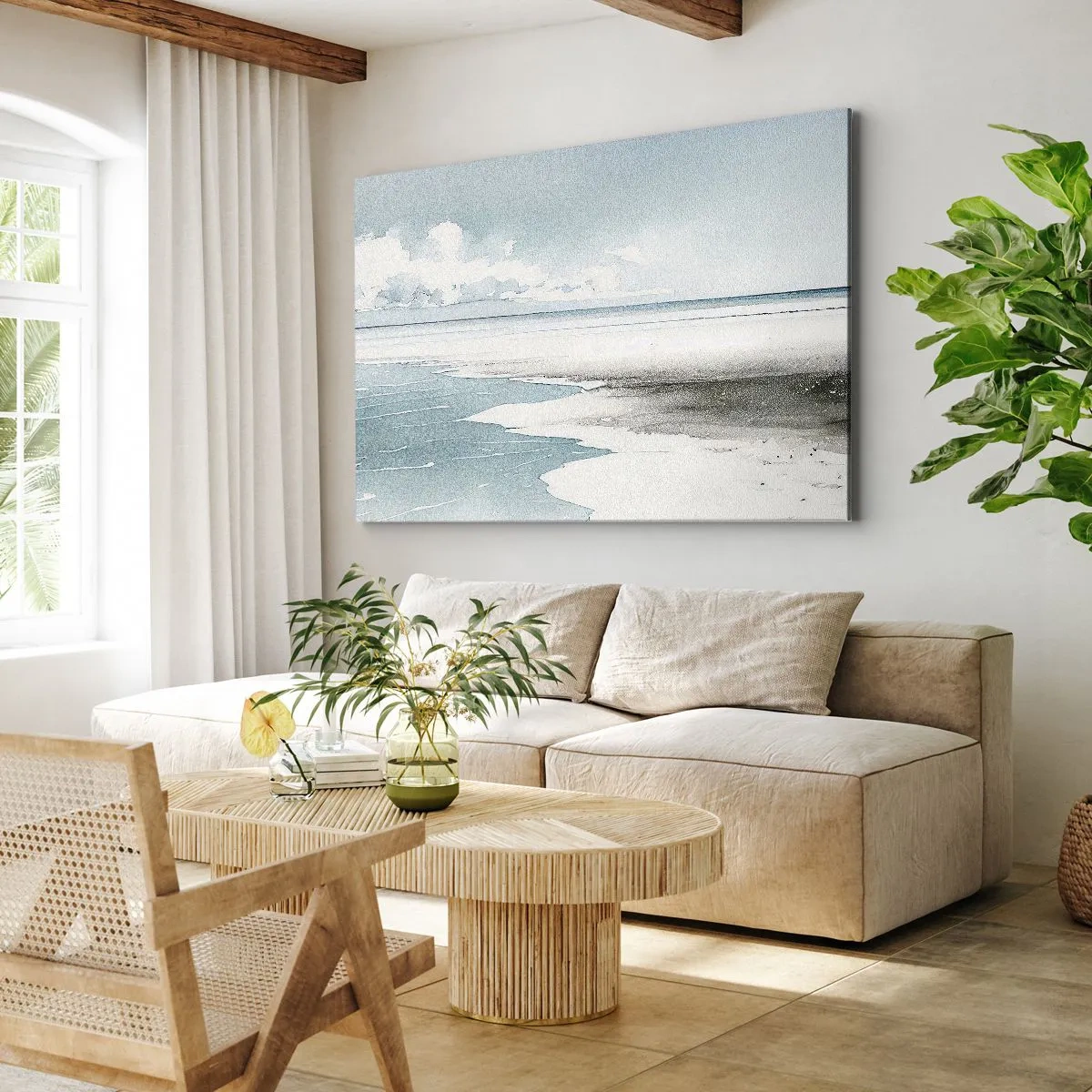 Obraz na płótnie - Spokojne morze i plaża w jasnych odcieniach błękitu - 70x50cm - Łagodny przypływ - Nowoczesna dekoracja ścienna do salonu i sypialni ARTTOR
