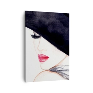 Obraz na płótnie - Subtelna ilustracja kobiety w czarnym kapeluszu z czerwonymi ustami - 70x100cm - Elegancja i zmysłowość - Nowoczesna dekoracja ścienna do salonu i sypialni ARTTOR
