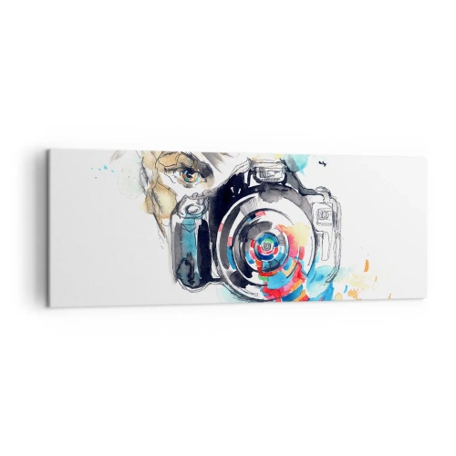 Obraz na płótnie - Akwarela aparatu fotograficznego z kolorowymi detalami - 140x50cm - W oku obiektywu - Nowoczesna dekoracja ścienna do salonu i sypialni ARTTOR