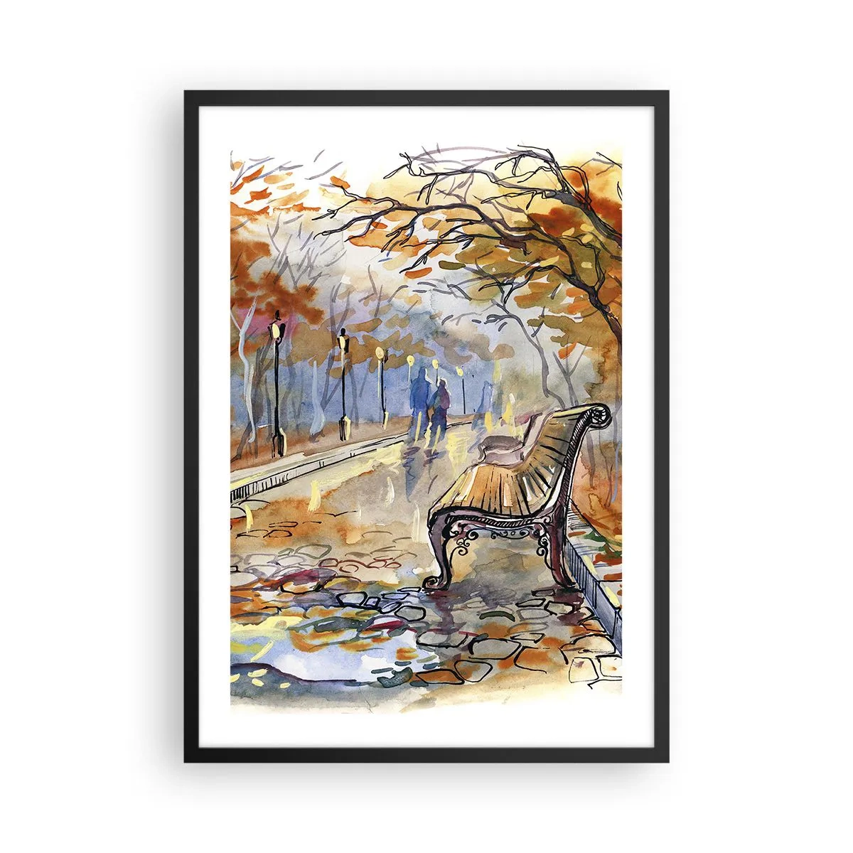 Plakat w czarnej ramie - Ławka w jesiennym parku, akwarela - 50x70cm - Razem powędrować w jesień - Nowoczesna dekoracja ścienna do salonu i sypialni ARTTOR