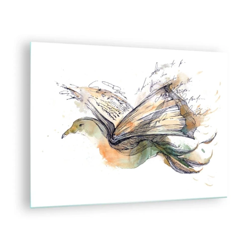 Obraz na szkle - Ptak z rozwiniętej książki, artystyczna metafora wiedzy - 70x50cm - Na skrzydłach poezji - Nowoczesna dekoracja ścienna do salonu i sypialni ARTTOR