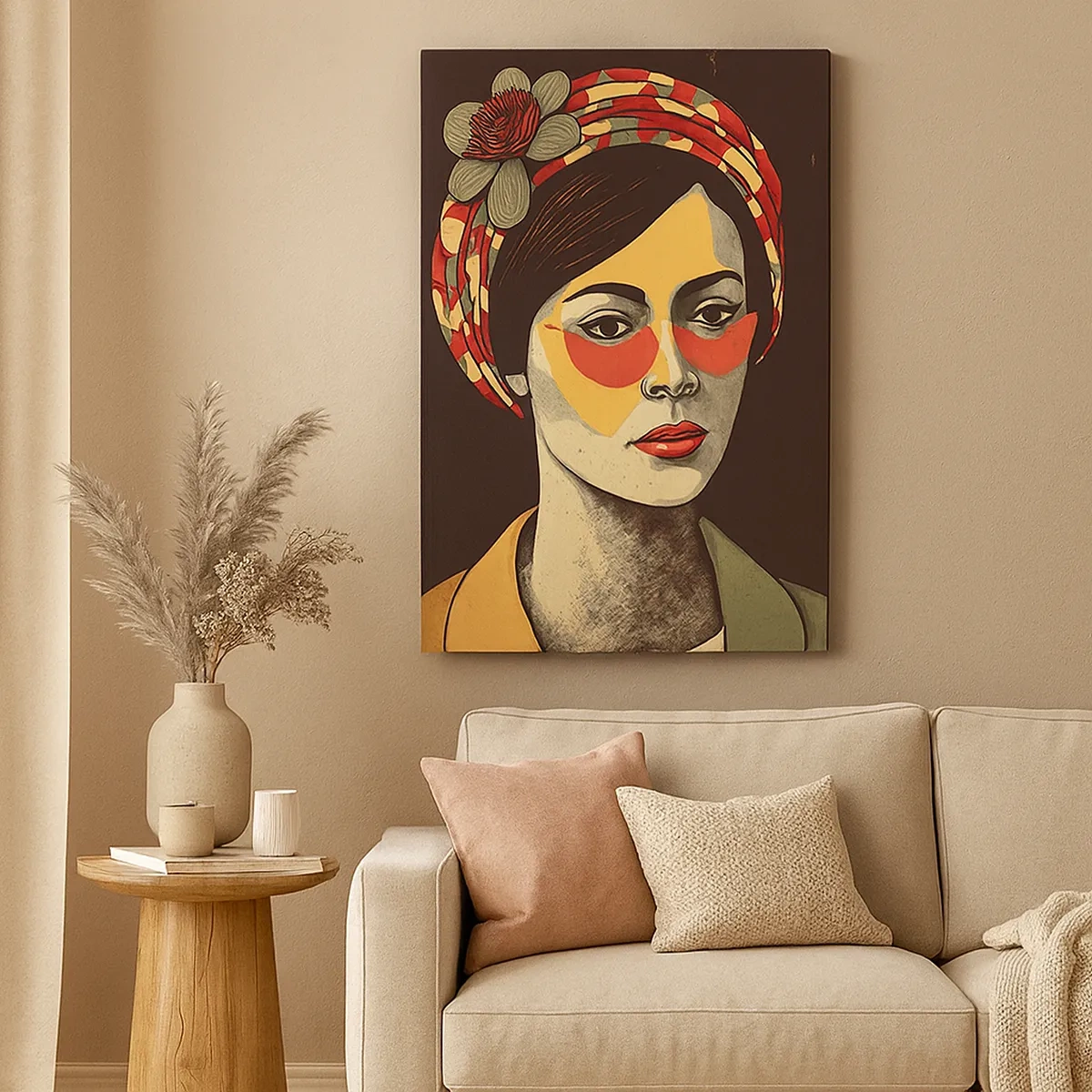 Obraz na płótnie - Portret kobiety w stylu retro z kolorową chustą i okularami - 50x70cm - Koralowa dama - Nowoczesna dekoracja ścienna do salonu, kuchni i sypialni ARTTOR