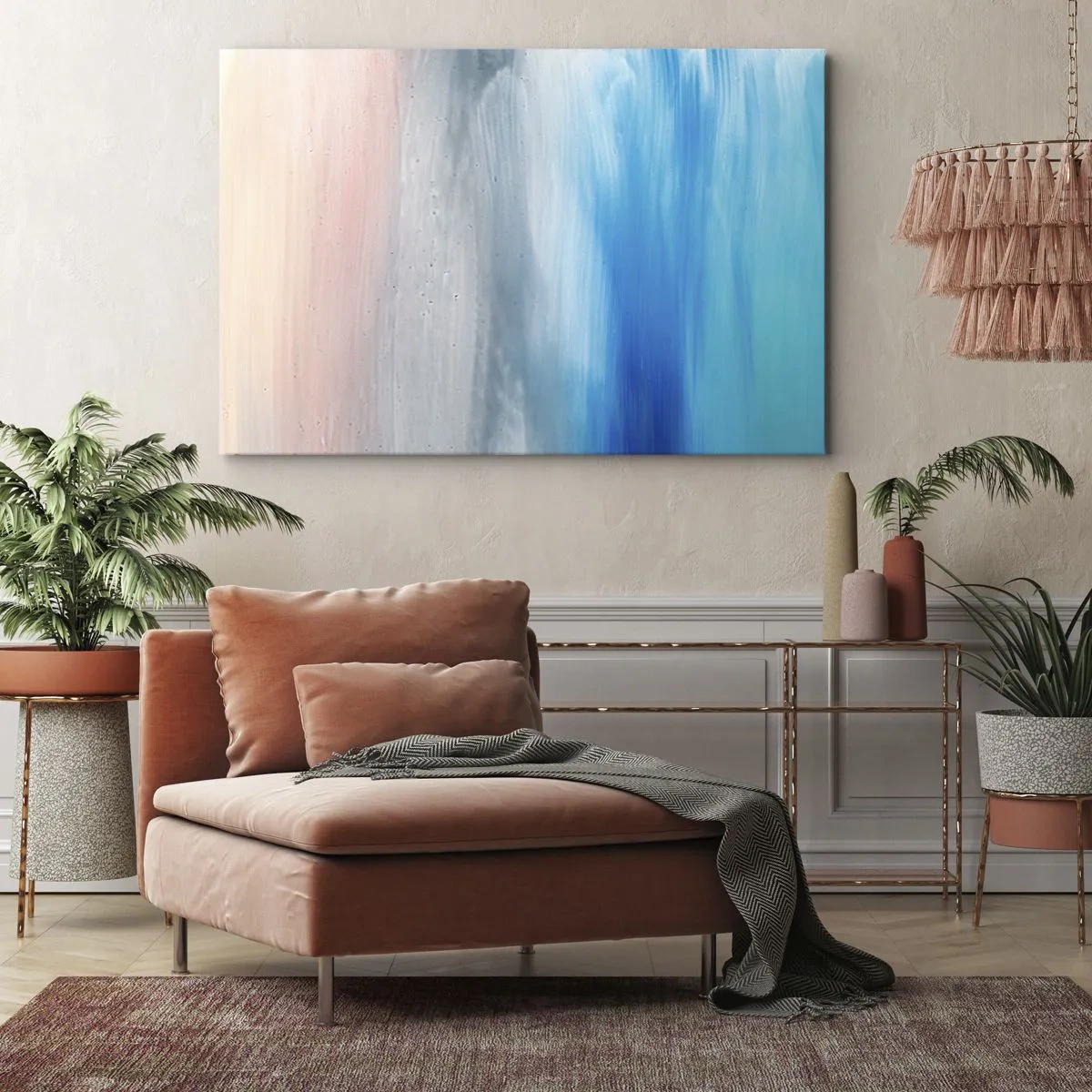 Obraz na płótnie - Abstrakcyjne pociągnięcia pędzla w odcieniach błękitu i różu - 70x50cm - Żywioły: powietrze - Nowoczesna dekoracja ścienna do salonu i sypialni ARTTOR
