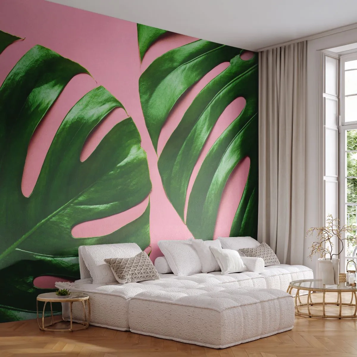 Fototapeta Premium Sand - Zielone liście monstery na różowym tle - 100x70cm - Zielone rendez-vous - Nowoczesna dekoracja ścienna do salonu, kuchni i sypialni ARTTOR