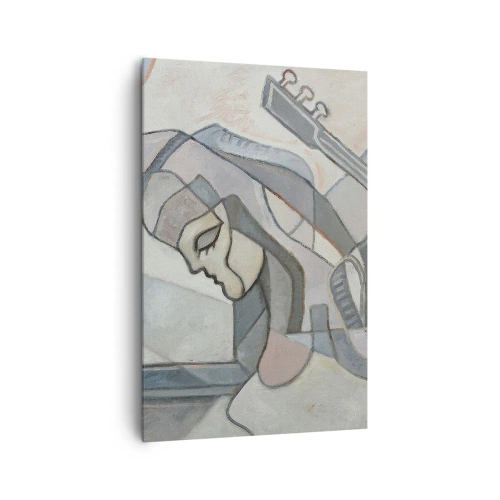 Obraz na płótnie - Abstrakcyjna postać z gitarą w pastelowej kolorystyce - 80x120cm - We władzy muzyki - Nowoczesna dekoracja ścienna do salonu i sypialni ARTTOR