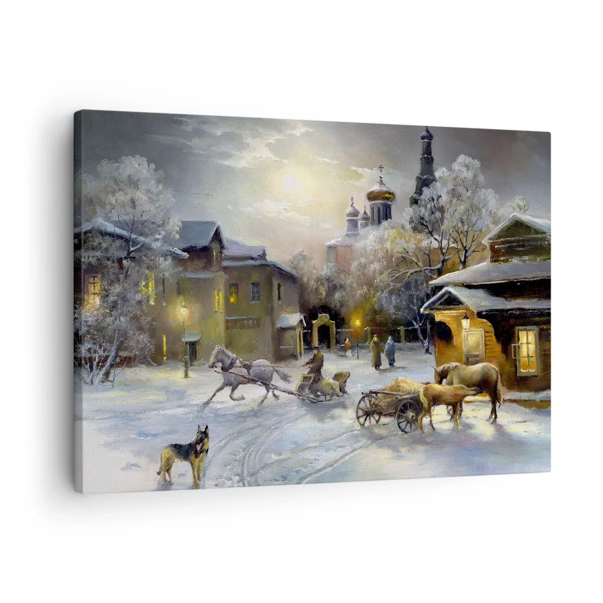 Obraz na płótnie - Magia rosyjskiej zimy - Zimowy krajobraz w rosyjskim miasteczku z saniami i kościołem - 70x50cm