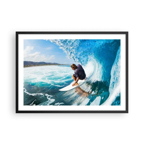 Plakat w czarnej ramie - Surfer w dynamicznej pozie na fali w turkusowej wodzie - 70x50cm - Tańczący z falami - Nowoczesna dekoracja ścienna do salonu i sypialni ARTTOR