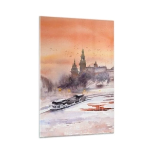 Obraz na szkle - Zachód słońca nad zamkiem w zimowej scenerii - 70x100cm - Królewski zachód słońca - Nowoczesna dekoracja ścienna do salonu i sypialni ARTTOR