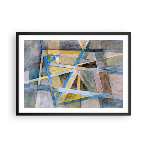 Plakat w czarnej ramie - Geometryczna kompozycja z jasnymi i niebieskimi liniami - 70x50cm - Na wprost czy na skos? - Nowoczesna dekoracja ścienna do salonu i sypialni ARTTOR