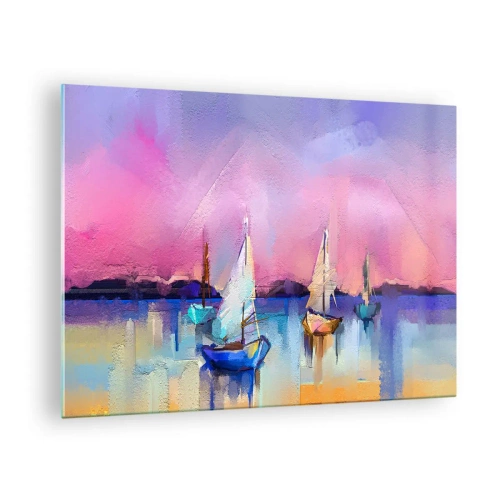 Obraz na szkle - Abstrakcyjna marina z żaglówkami o zachodzie słońca - 70x50cm - Kierunek: szerokie wody - Nowoczesna dekoracja ścienna do salonu i sypialni ARTTOR