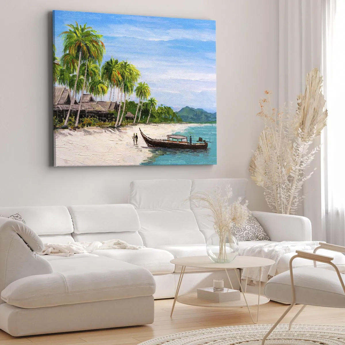 Obraz na płótnie - Egzotyczna plaża z palmami i łodzią przy brzegu - 70x50cm - Egzotyczny sen - Nowoczesna dekoracja ścienna do salonu i sypialni ARTTOR
