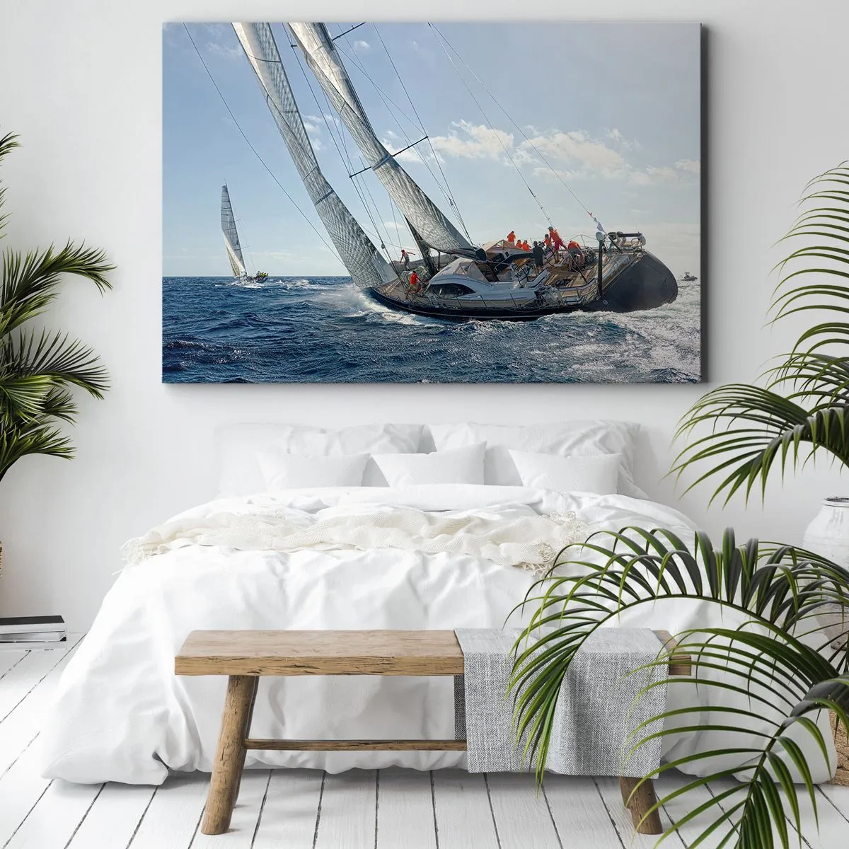 Obraz na płótnie - Wyścig jachtów na otwartym morzu pod błękitnym niebem - 120x80cm - Niech zwycięży lepszy - Nowoczesna dekoracja ścienna do salonu, kuchni i sypialni ARTTOR