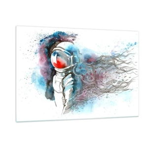 Obraz na szkle - Astronauta w dynamicznej akwarelowej scenerii kosmicznej - 120x80cm - Sam na sam z kosmosem - Nowoczesna dekoracja ścienna do salonu, kuchni i sypialni ARTTOR