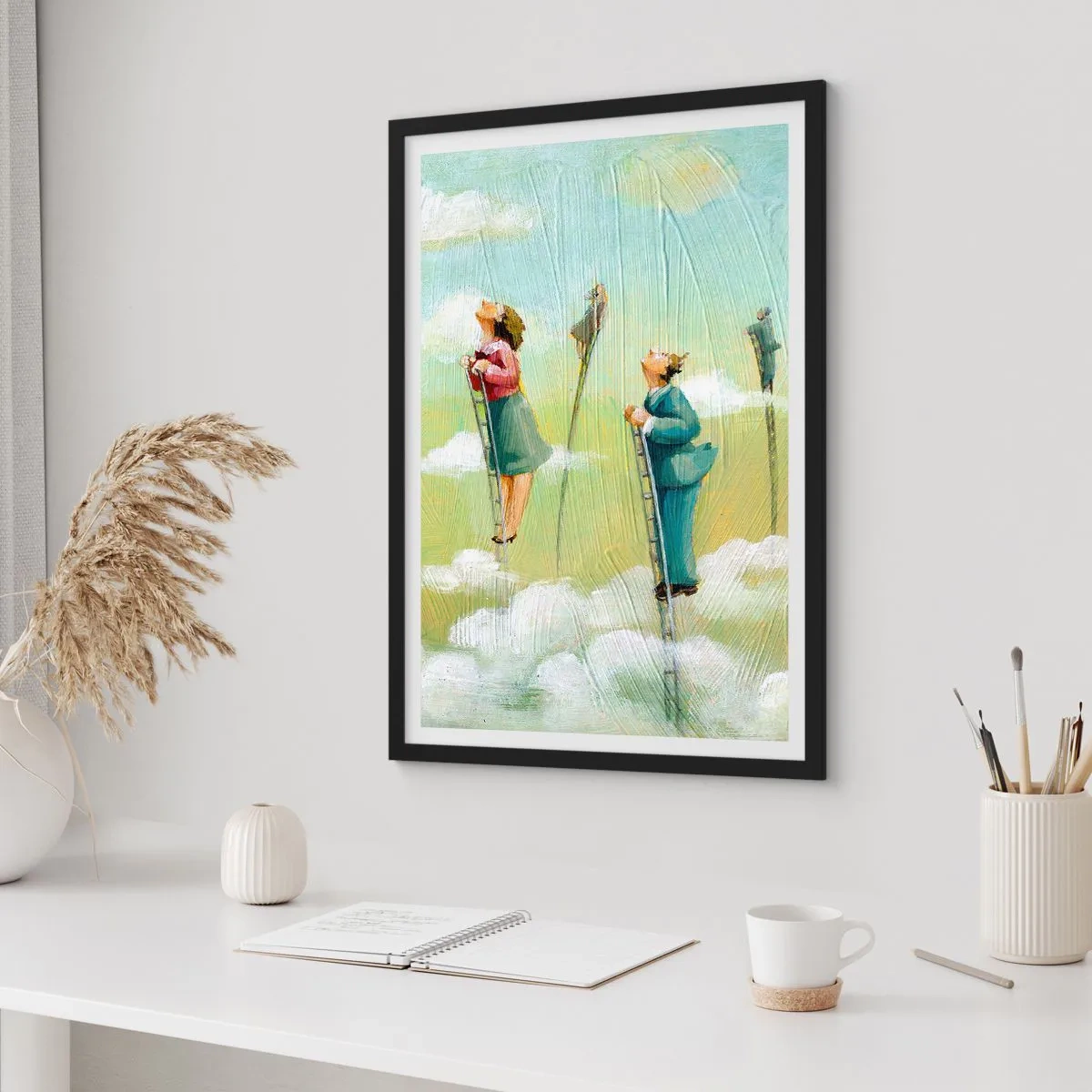 Plakat w czarnej ramie - Postacie wspinające się po drabinach w chmurach - 50x70cm - Za swoim marzeniem - Nowoczesna dekoracja ścienna do salonu i sypialni ARTTOR