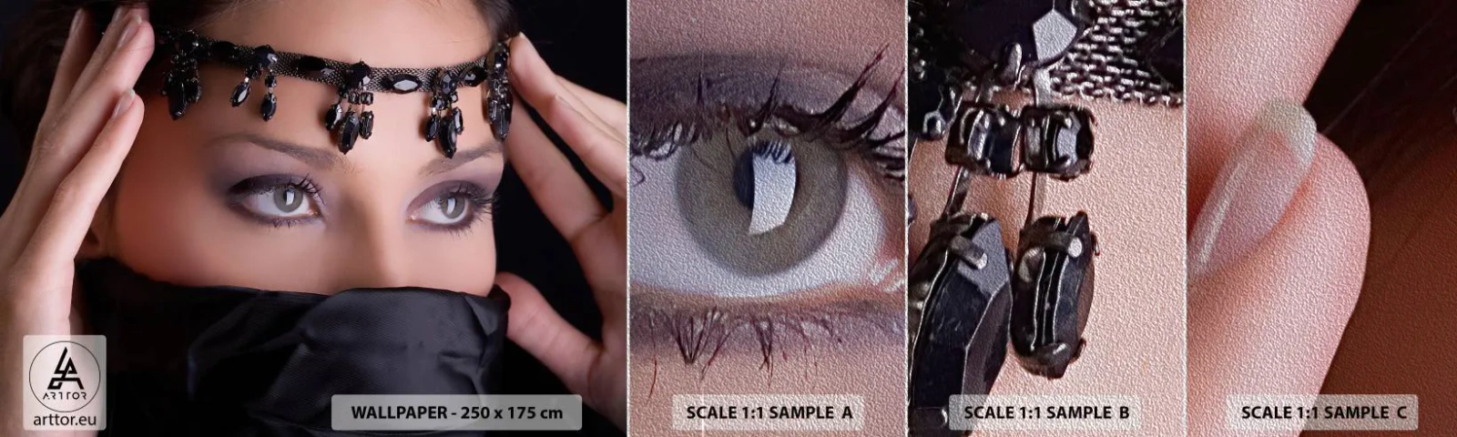 Fototapeta Próbka Premium Sand - Orientalna kusząca tajemnica - Kobieta, Oczy, Kultura - 100x30 cm