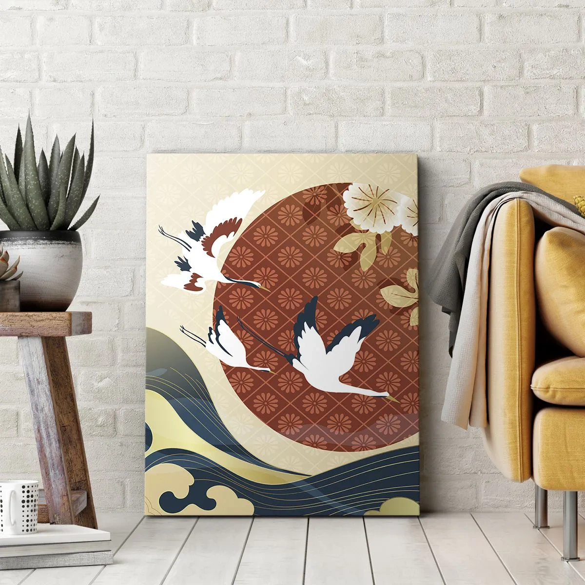 Obraz na płótnie - Japońska kompozycja z lecącymi żurawiami, falami i kwiatami na tle czerwonego koła - 50x70cm - Japońska baśń - Nowoczesna dekoracja ścienna do salonu, kuchni i sypialni ARTTOR