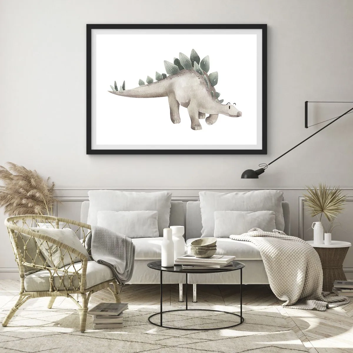 Plakat w czarnej ramie - Uroczy dinozaur w pastelowych kolorach - 100x70cm - Wasz przyjaciel - Nowoczesna dekoracja ścienna do salonu i sypialni ARTTOR