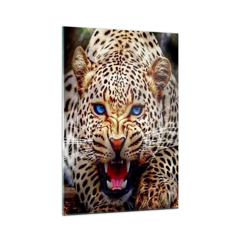 Obraz na szkle - Groźny leopard z intensywnie błękitnymi oczami - 70x100cm - Złość piękności nie szkodzi - Nowoczesna dekoracja ścienna do salonu i sypialni ARTTOR