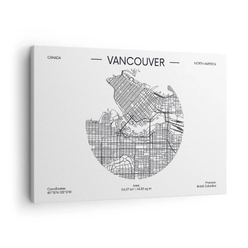 Obraz na płótnie - Mapa Vancouver w minimalistycznym, czarno-białym stylu - 70x50cm - Anatomia Vancouver - Nowoczesna dekoracja ścienna do salonu i sypialni ARTTOR