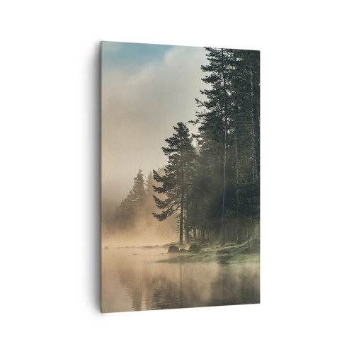 Obraz na płótnie - Mglisty las nad spokojnym jeziorem - 80x120cm - Narodziny dnia - Nowoczesna dekoracja ścienna do salonu i sypialni ARTTOR