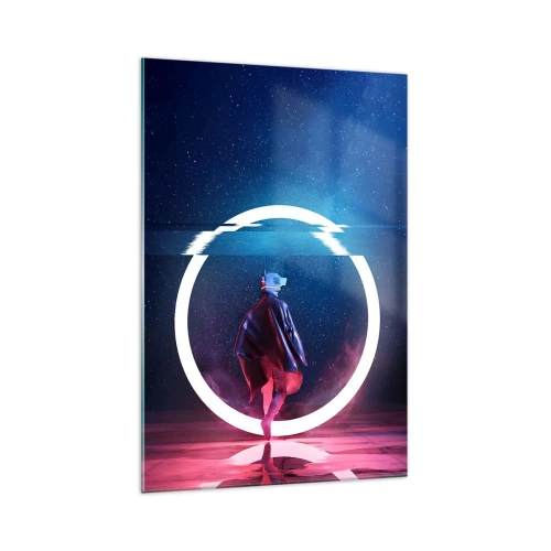 Obraz na szkle - Postać w futurystycznym otoczeniu z neonowym okręgiem - 70x100cm - Między światami - Nowoczesna dekoracja ścienna do salonu i sypialni ARTTOR