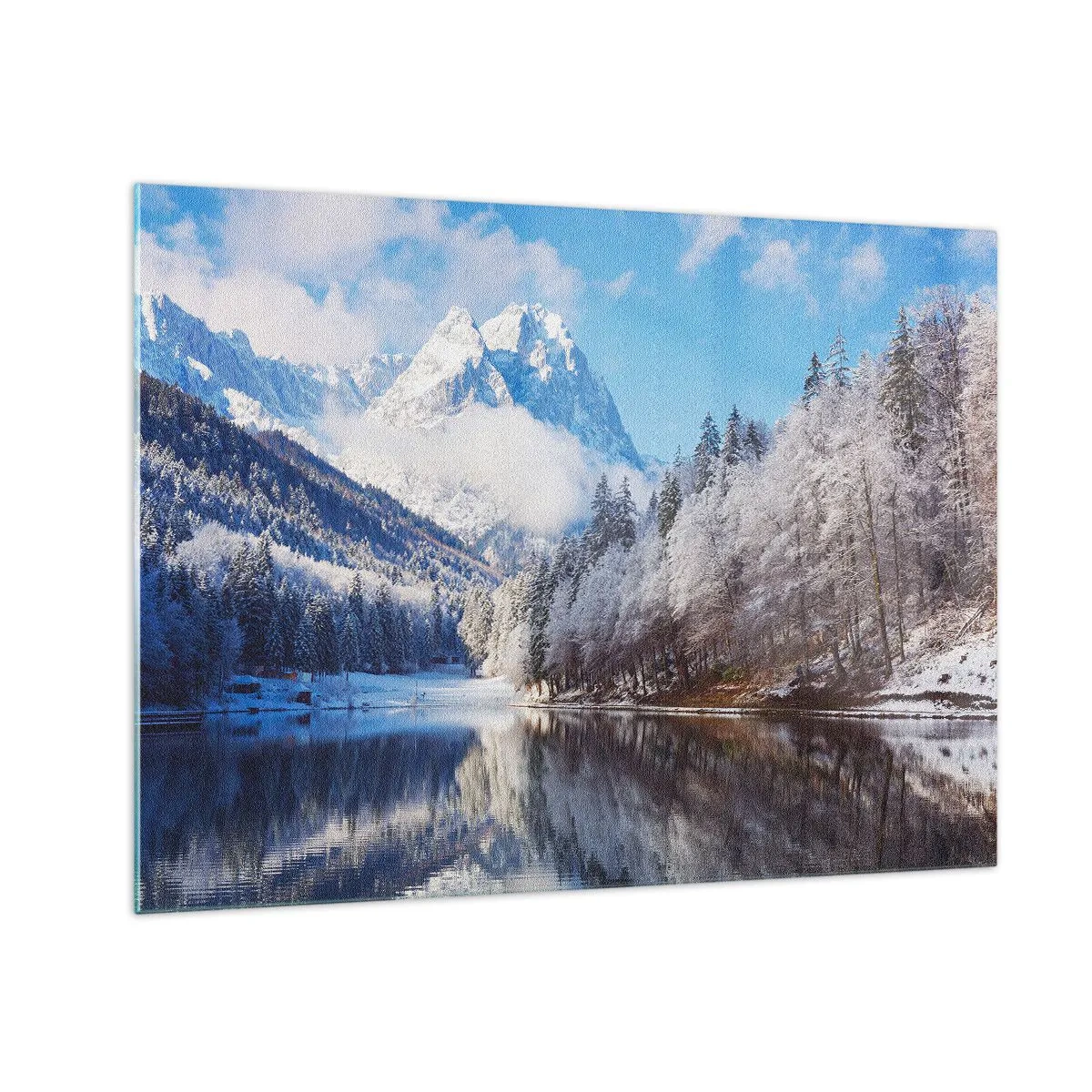 Obraz na szkle - Zimowy krajobraz z górami i zamarzniętym jeziorem - 70x50cm - Śnieżna straż - Nowoczesna dekoracja ścienna do salonu i sypialni ARTTOR