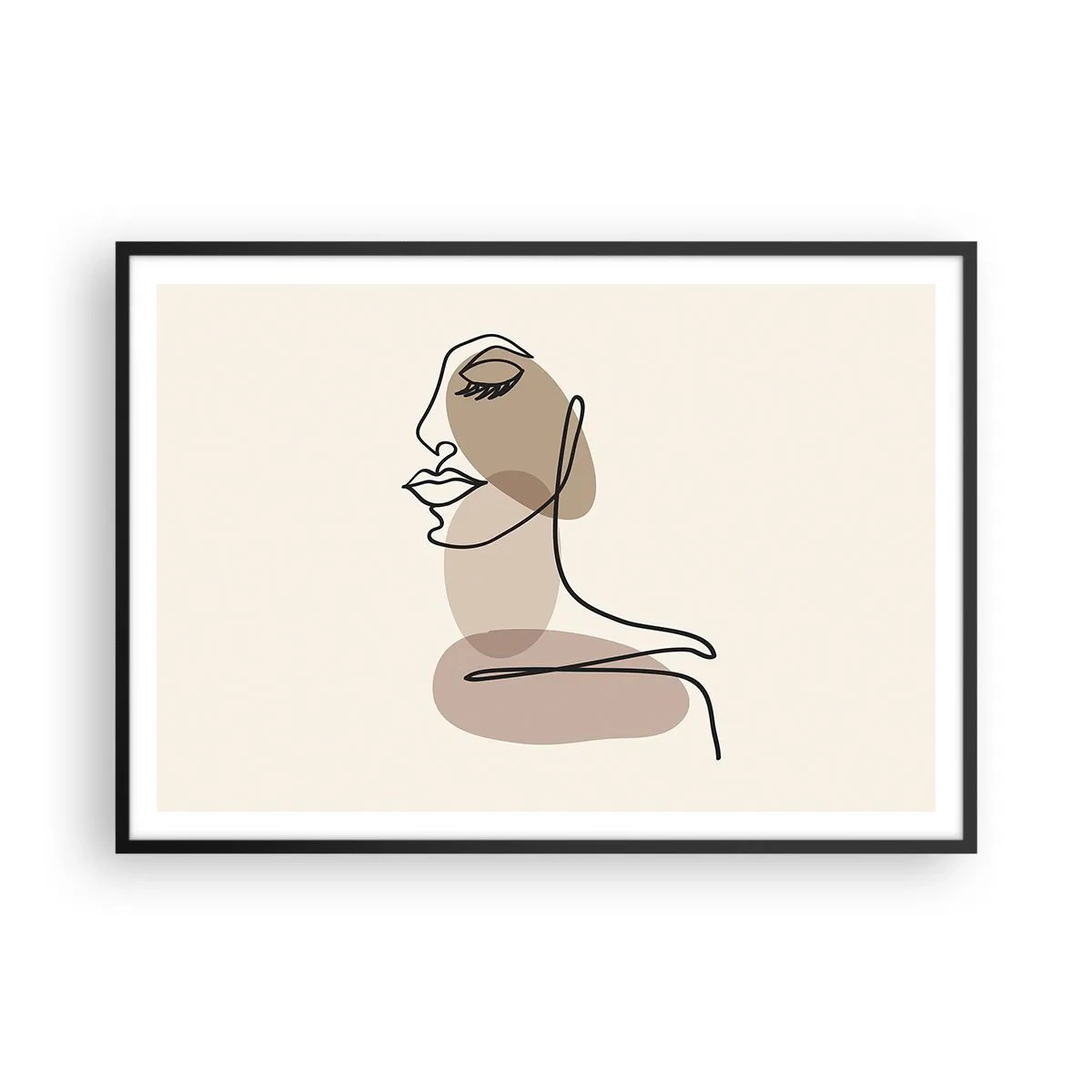 Plakat w czarnej ramie - Minimalistyczna twarz kobiety z abstrakcyjnymi plamami - 100x70cm - Zasłuchana w siebie - Nowoczesna dekoracja ścienna do salonu i sypialni ARTTOR