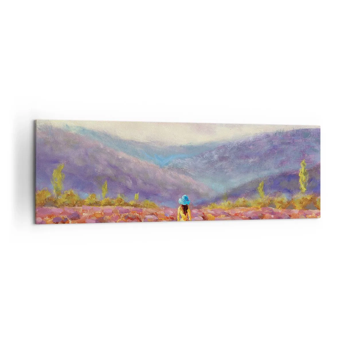 Obraz na płótnie - Kobieta w kapeluszu spacerująca po polu lawendy - 160x50cm - W lawendowym świecie - Nowoczesna dekoracja ścienna do salonu i sypialni ARTTOR