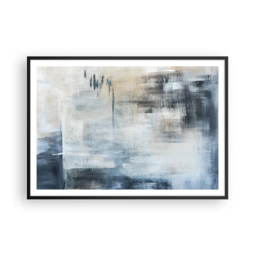 Plakat w czarnej ramie - Abstrakcyjna kompozycja w odcieniach błękitu i szarości - 100x70cm - Za zasłoną błękitu - Nowoczesna dekoracja ścienna do salonu i sypialni ARTTOR