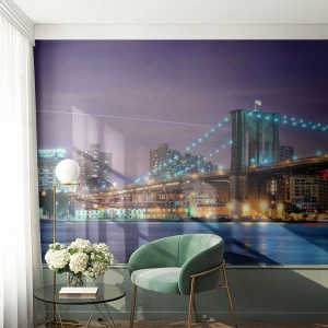Fototapeta Premium Canvas - Brookliński Most nocą z podświetlonym miastem w tle - 100x70cm - Od wielu lat Brookliński Most - Nowoczesna dekoracja ścienna do salonu i sypialni ARTTOR