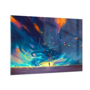 Obraz na szkle - Osoba trzymająca kolorowe balony na tle niebieskiego wiatru - 100x70cm - Na niebieski wiatr - Nowoczesna dekoracja ścienna do salonu, kuchni i sypialni ARTTOR