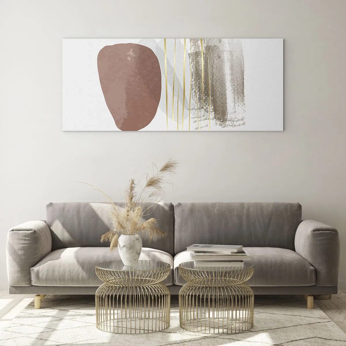 Obraz na szkle - Abstrakcyjna kompozycja w beżowych i złotych odcieniach - 120x50cm - Abstrakcyjna kolumnada - Nowoczesna dekoracja ścienna do salonu i sypialni ARTTOR