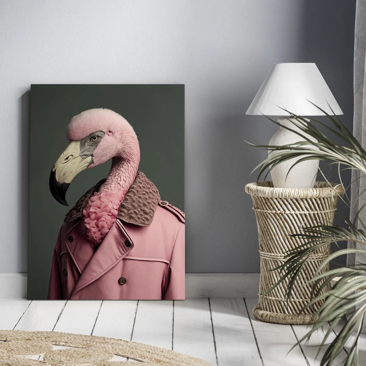 Obraz na płótnie - Stylizowany flaming w różowym płaszczu na zielonym tle - 70x100cm - Prawdziwy elegant - Nowoczesna dekoracja ścienna do salonu i sypialni ARTTOR