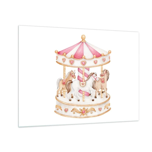 Obraz na szkle - Różowa karuzela z konikami w stylu dziecięcym na białym tle - 70x50cm - Słodki świat dzieciństwa - Nowoczesna dekoracja ścienna do salonu i sypialni ARTTOR