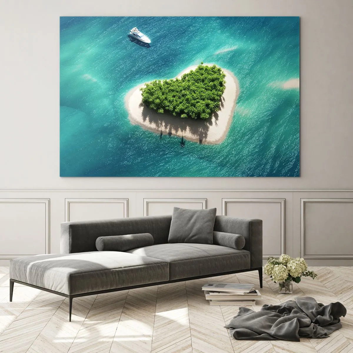 Obraz na szkle - Ilustracja przedstawiająca wyspę w kształcie serca z łodzią na tle turkusowego morza - 100x70cm - Kocham lato - Nowoczesna dekoracja ścienna do salonu, kuchni i sypialni ARTTOR