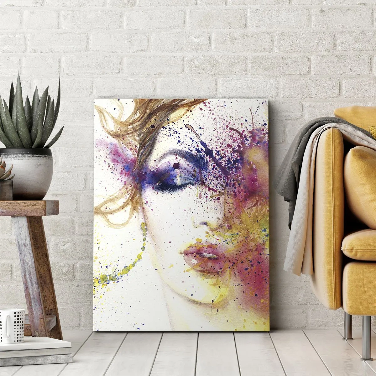 Obraz na płótnie - Abstrakcyjny portret kobiety w akwarelowym stylu z kolorowymi rozbryzgami - 50x70cm - Tęczowy zawrót głowy - Nowoczesna dekoracja ścienna do salonu, kuchni i sypialni ARTTOR