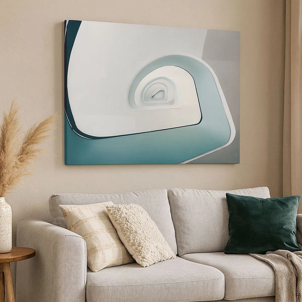 Obraz na płótnie - Minimalistyczna architektura z zaokrąglonymi liniami - 70x50cm - Do dna błękitu - Nowoczesna dekoracja ścienna do salonu i sypialni ARTTOR