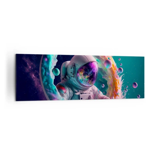 Obraz na płótnie - Astronauta w kolorowej kosmicznej aurze - 160x50cm - Gwiezdne wrota - Nowoczesna dekoracja ścienna do salonu i sypialni ARTTOR