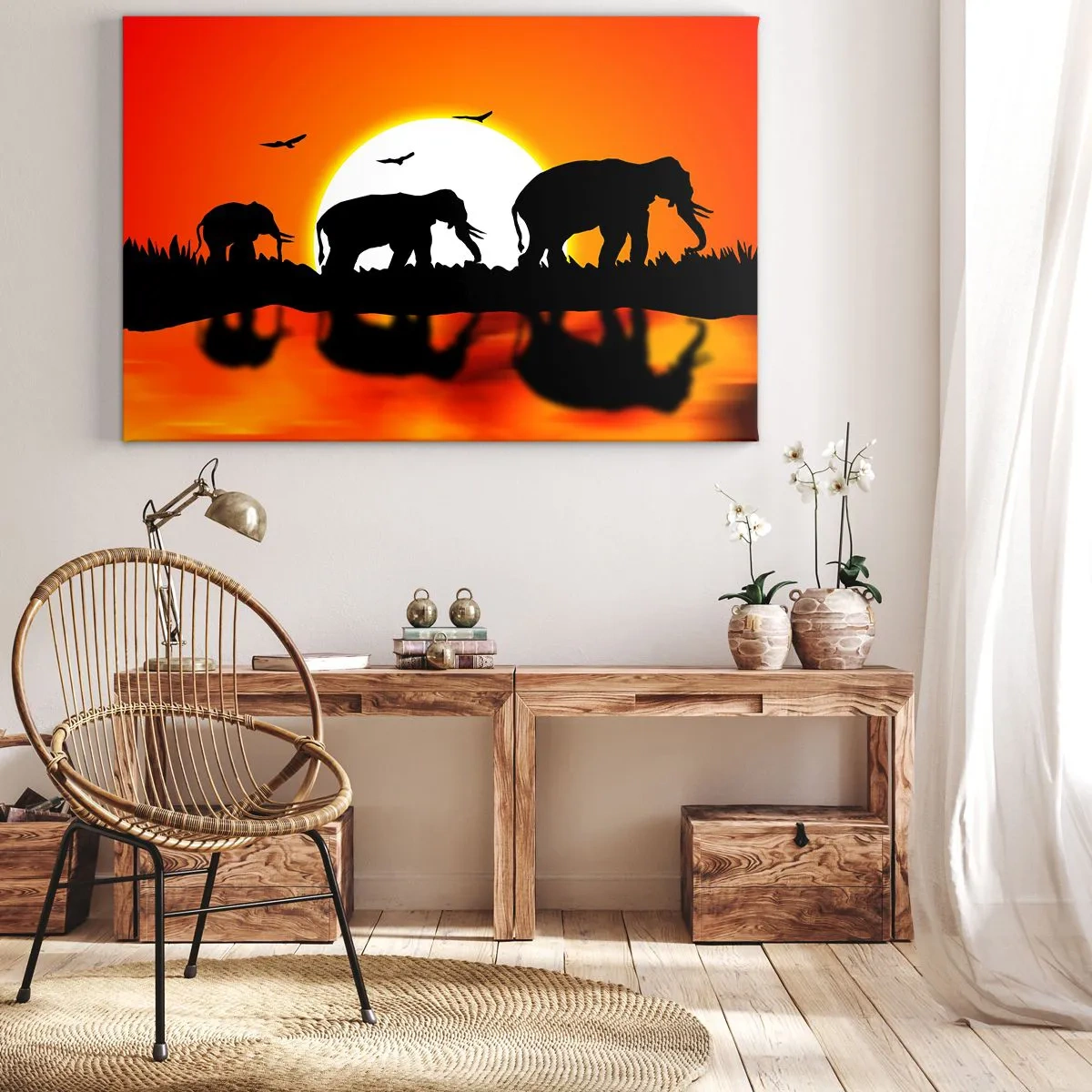 Obraz na płótnie - Sylwetki słoni o zachodzie słońca nad wodą z odbiciem - 70x50cm - A wieczorem na małego drinka - Nowoczesna dekoracja ścienna do salonu i sypialni ARTTOR