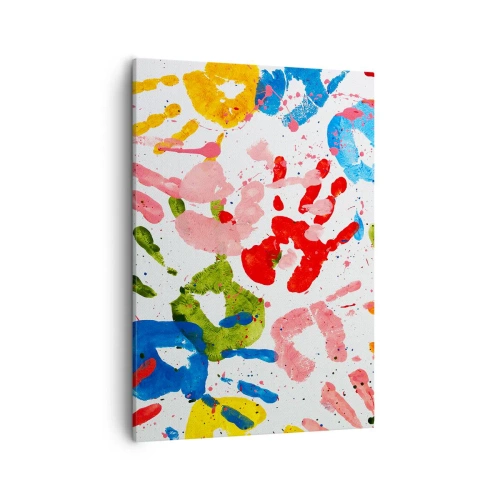 Obraz na płótnie - Kolorowe odciski dłoni na białym tle w stylu abstrakcyjnym - 50x70cm - Idź po śladach - Nowoczesna dekoracja ścienna do salonu, kuchni i sypialni ARTTOR