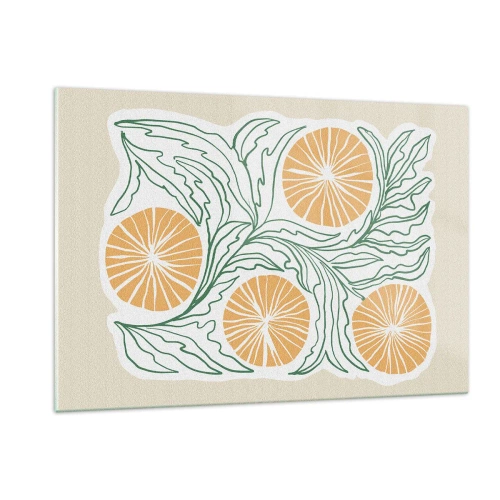 Obraz na szkle - Pomarańczowe owoce i zielone liście w graficznej kompozycji - 120x80cm - Etnicznie z nutą abstrakcji - Nowoczesna dekoracja ścienna do salonu, kuchni i sypialni ARTTOR