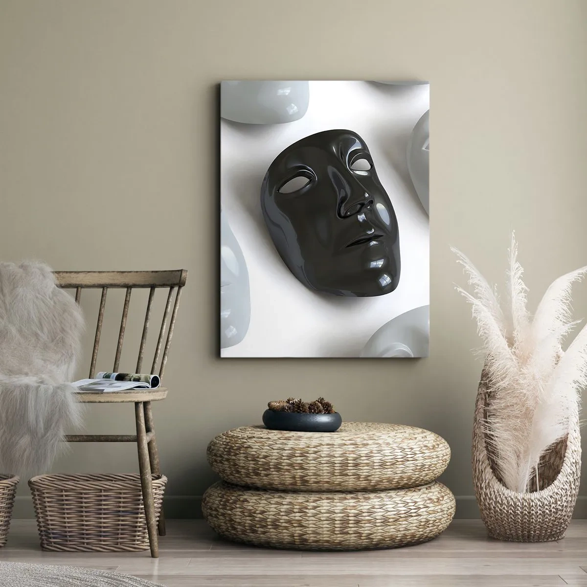 Obraz na płótnie - Czarna maska na tle białych masek - 50x70cm - Jak się wyróżnić? - Nowoczesna dekoracja ścienna do salonu, kuchni i sypialni ARTTOR