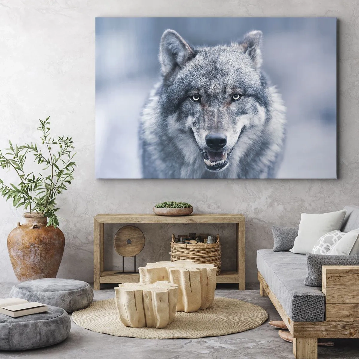 Obraz na płótnie - Wilk z intensywnym spojrzeniem w zimowym krajobrazie - 70x50cm - Podejmiesz wyzwanie? - Nowoczesna dekoracja ścienna do salonu i sypialni ARTTOR