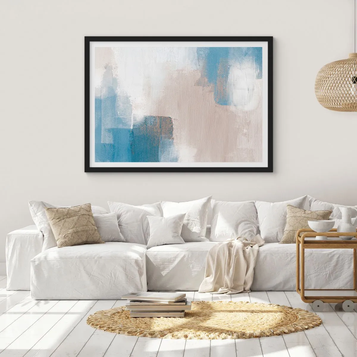 Plakat w czarnej ramie - Abstrakcja różowa za zasłoną błękitu - 91x61 cm