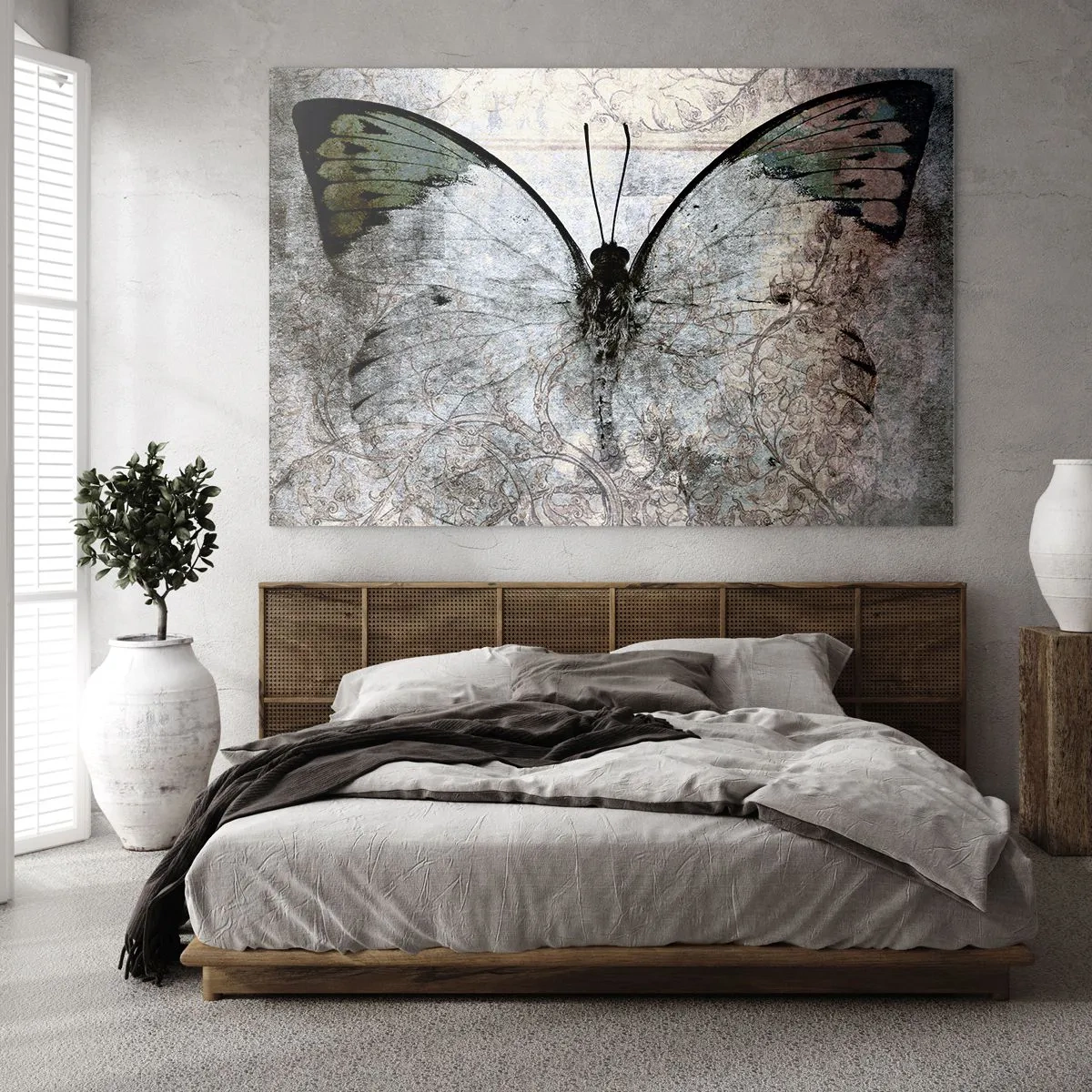 Obraz na szkle - Abstrakcyjny motyl na tle starego ornamentu - 70x50cm - W secesyjnym stylu - Nowoczesna dekoracja ścienna do salonu i sypialni ARTTOR