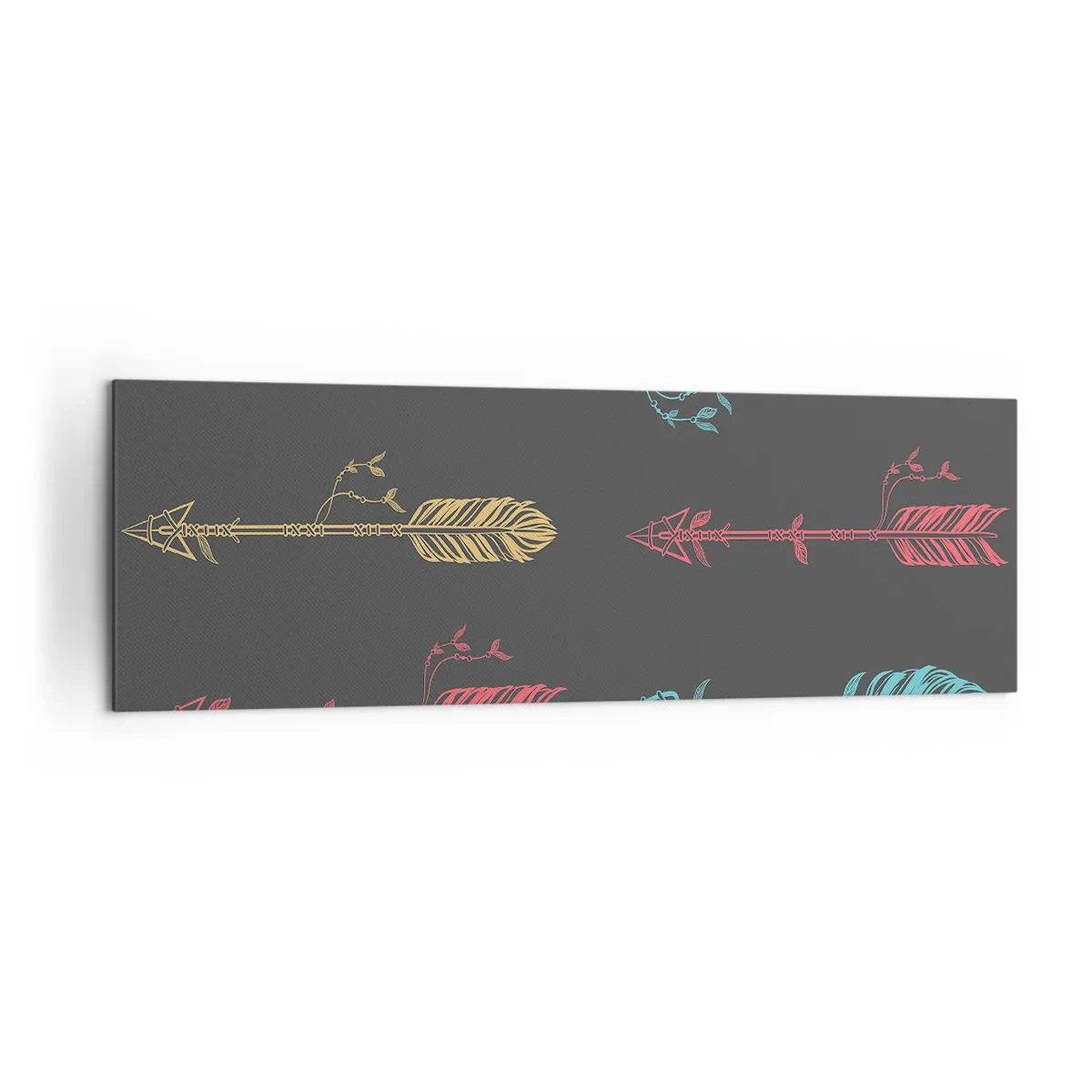 Obraz na płótnie - Stylizowany wzór strzał w pastelowych kolorach na ciemnym tle - 160x50cm - W ordynku - Nowoczesna dekoracja ścienna do salonu i sypialni ARTTOR
