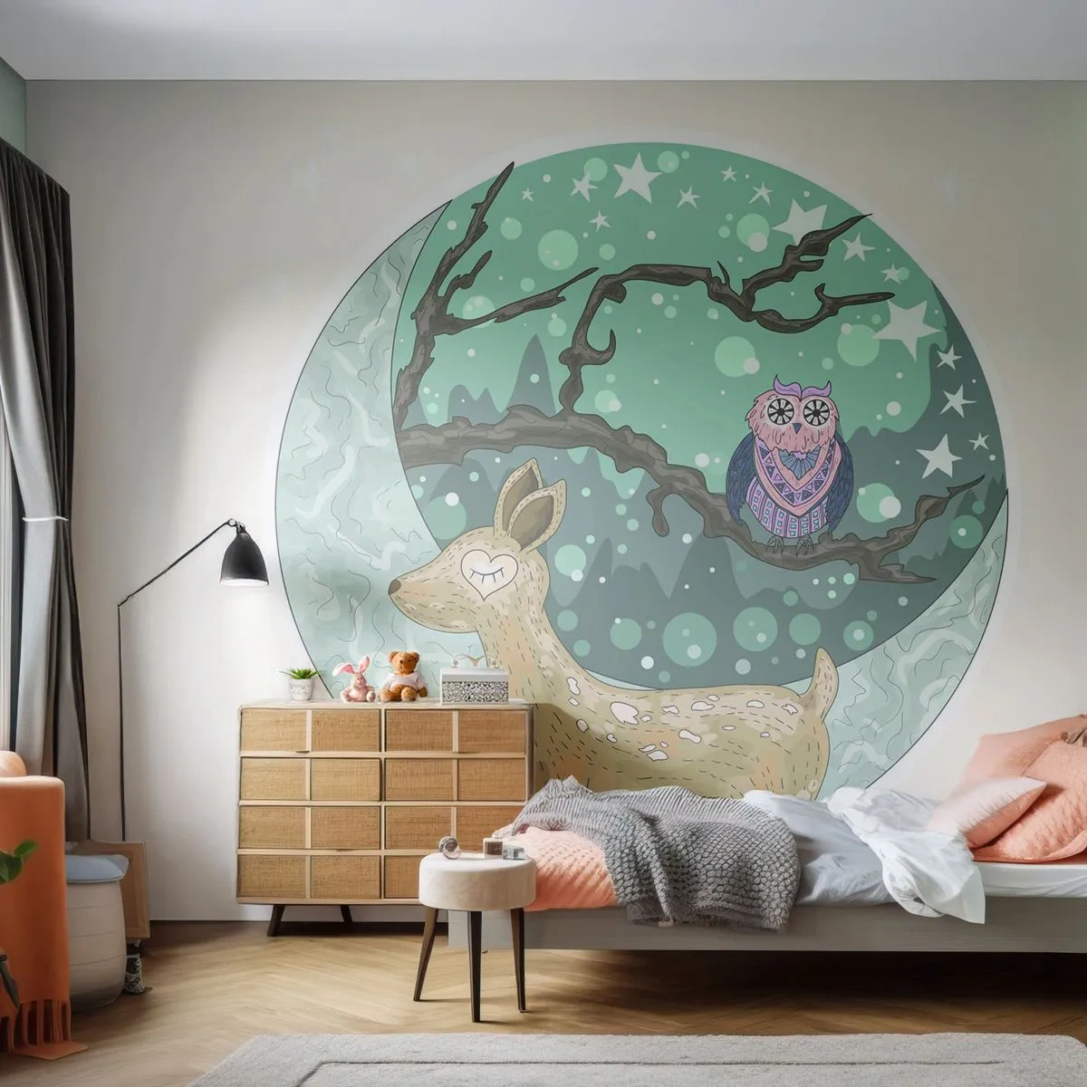 Fototapeta Samoprzylepna Deluxe Sticker - Bajkowa, leśna noc - Dla Dzieci, Grafika, Gwiazdy - 250x175 cm