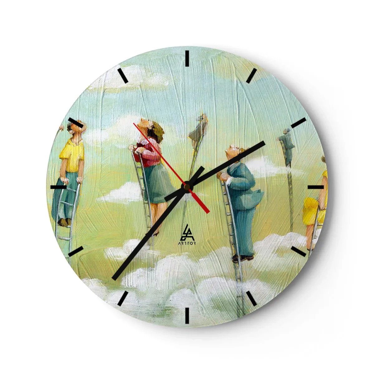Zegar ścienny - Osoby wspinające się po drabinach w chmurach na kolorowym tle - 30x30cm - Za swoim marzeniem - Nowoczesna dekoracja ścienna do salonu, kuchni i sypialni ARTTOR